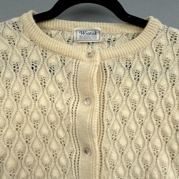 VTG Cardigan Sweater S Cream Granny Cottagecore 60s Mod MCM Bubble Knit Pearl US - Picture 9 of 15